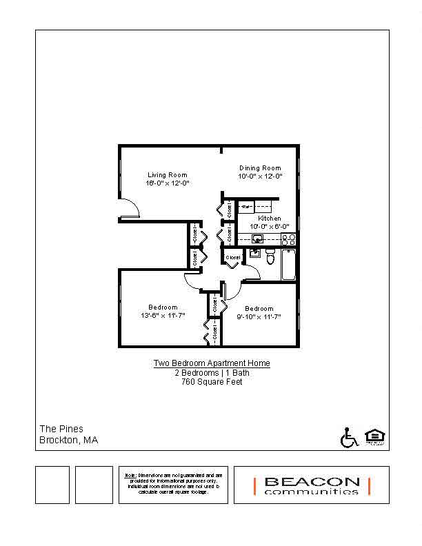 Floor plan for 2 beds, 1 bath, 760 sqft
